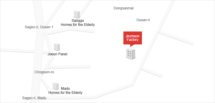 Go past Miho Bridge 1 and go straight from Madu intersection towards Chogeum-ro for 450M. Turn right and go straight for 600M to get to LotteAluminium’sJincheon Factory.