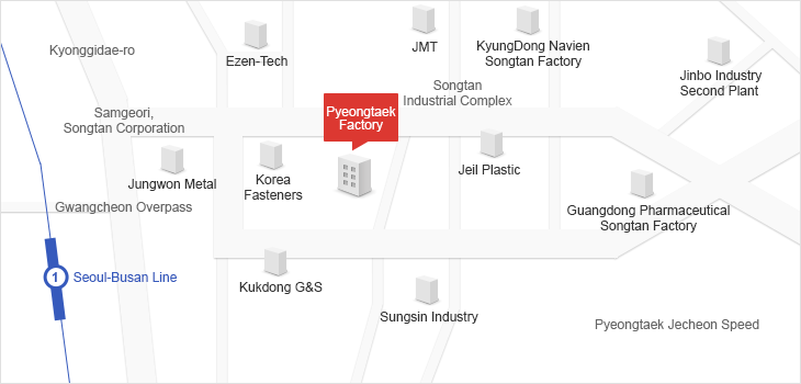 From Songtan industrial complex three-way intersection, go straight towards Songtan industrial complex for 500 and turn right. Go for 200M to get to LOTTE ALUMINIUM’sPyeongtaek Factor. Across from KT’sMogok station.