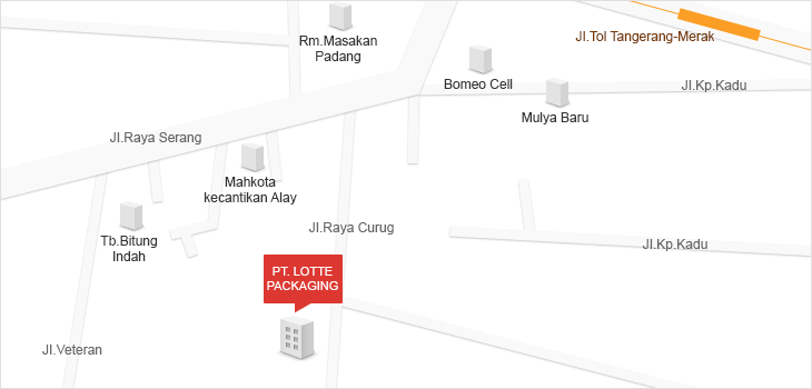 From Jakarta, take toll “Tangerang-Merak”. Take out of toll road at “Bitung/Curug” Exit after “Karawaci” Exit. At exit, take Curug direction and about 100m from exit, you will find first traffic light and turn left. About 1.0km from the traffic light, you will find gas station at the left side the road. Our company location is about 100m after gas station at the right side of the road.