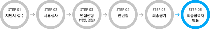 STEP01 지원서 접수, STEP02 서류심사, STEP03 면접전형(역량,임원), STEP04 인턴쉽, STEP05 최종평가, STEP06 최종합격자 발표