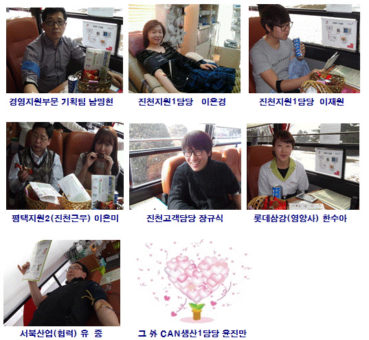 사랑의 헌혈 참여자 경영지원부문 기획팀 남영현, 진천지원1담당 이은경, 진천지원1담당 이재원, 평택지원2(진천근무) 이은미, 진천고객담당 장규식, 롯데삼당(영양사) 한수아, 서북산업(협력) 유종, 그외 CAN생산1담당 윤진만