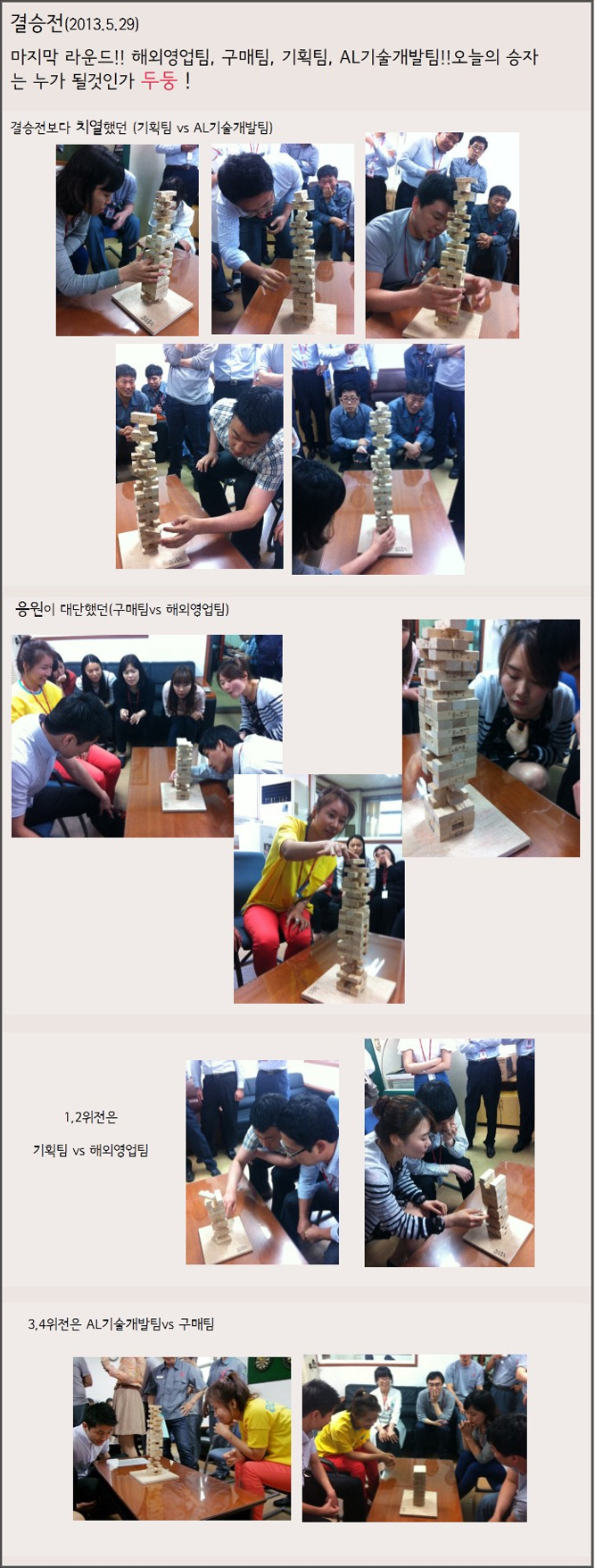 결승전(2013.5.29) 마지막 라운드! 해외영업팀, 구매팀, 기획팀, AL기술개발팀! 오늘의 승자는 누가 될 것인가 두둥! 결승전보다 치열했던(기획팀 vs AL기술개발팀). 응원이 대단했던(구매팀 vs 해외영업팀). 1,2위전은 기획팀 vs 해외영업팀, 3,4위전은 AL기술개발팀 vs 구매팀